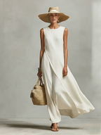 Ivory Breathable Linen Dress Women UK – Sleeveless Asymmetric Hem Dress, Garden Party & Resort Holiday