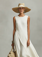 Ivory Breathable Linen Dress Women UK – Sleeveless Asymmetric Hem Dress, Garden Party & Resort Holiday