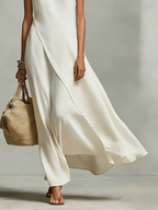 Ivory Breathable Linen Dress Women UK – Sleeveless Asymmetric Hem Dress, Garden Party & Resort Holiday