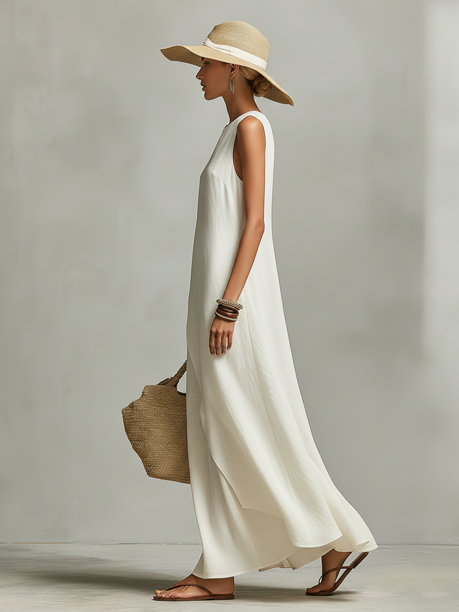 Ivory Breathable Linen Dress Women UK – Sleeveless Asymmetric Hem Dress, Garden Party & Resort Holiday