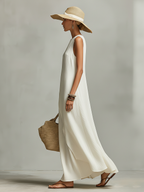 Ivory Breathable Linen Dress Women UK – Sleeveless Asymmetric Hem Dress, Garden Party & Resort Holiday