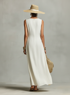 Ivory Breathable Linen Dress Women UK – Sleeveless Asymmetric Hem Dress, Garden Party & Resort Holiday