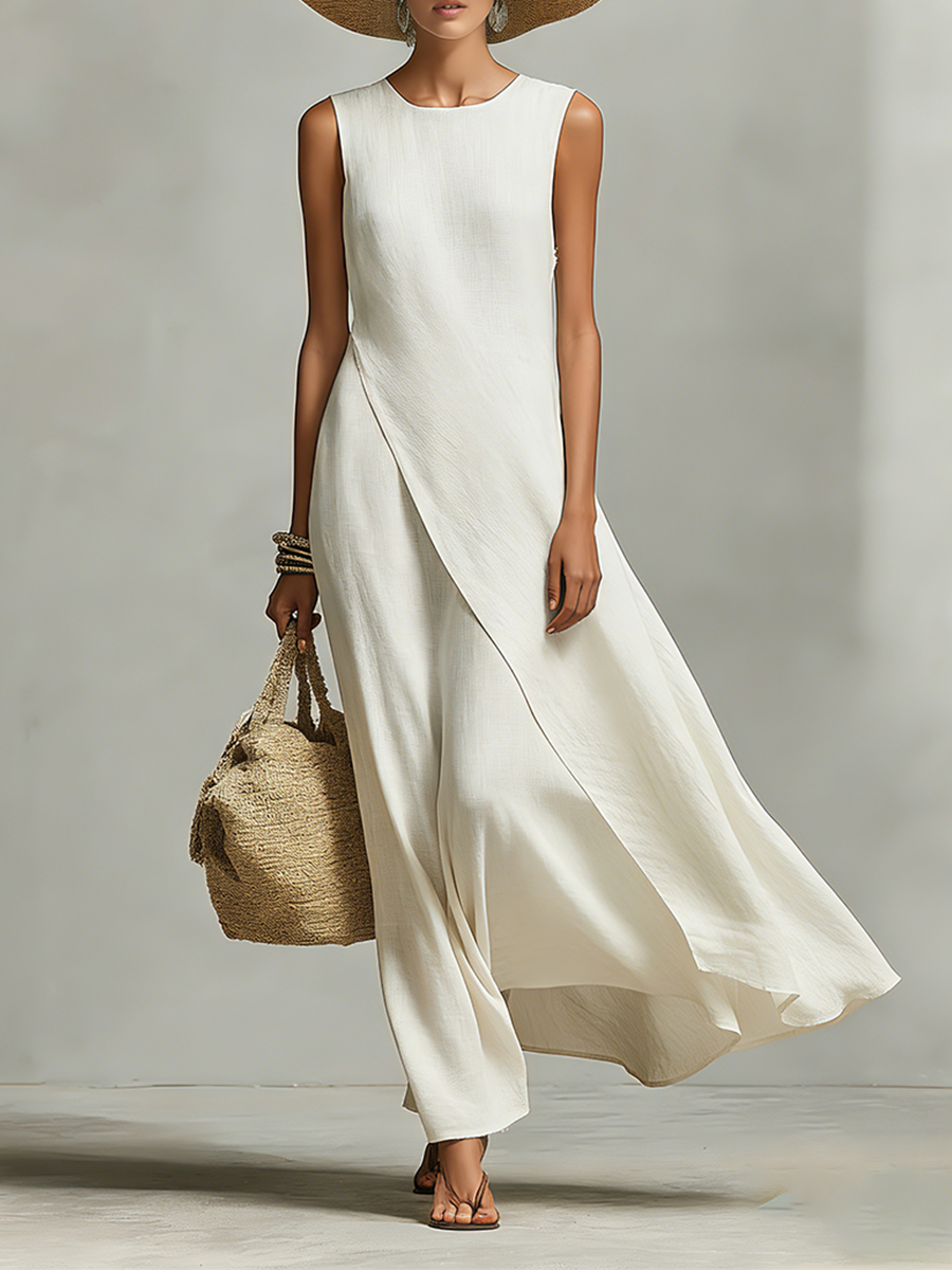 Ivory Breathable Linen Dress Women UK – Sleeveless Asymmetric Hem Dress, Garden Party & Resort Holiday
