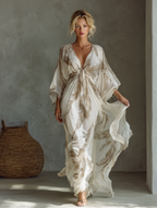 Ivory Chiffon Maxi Dress Women UK – Dolman Sleeve with Twist Front, Wedding Guest & Garden Party