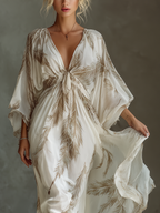 Ivory Chiffon Maxi Dress Women UK – Dolman Sleeve with Twist Front, Wedding Guest & Garden Party