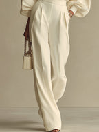 Ivory Textured Co-Ord Set for Women UK – Ribbed Crew Neck & High-Waisted Bottoms, Smart Casual Brunch Holiday Outfit