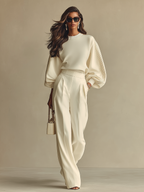 Ivory Textured Co-Ord Set for Women UK – Ribbed Crew Neck & High-Waisted Bottoms, Smart Casual Brunch Holiday Outfit