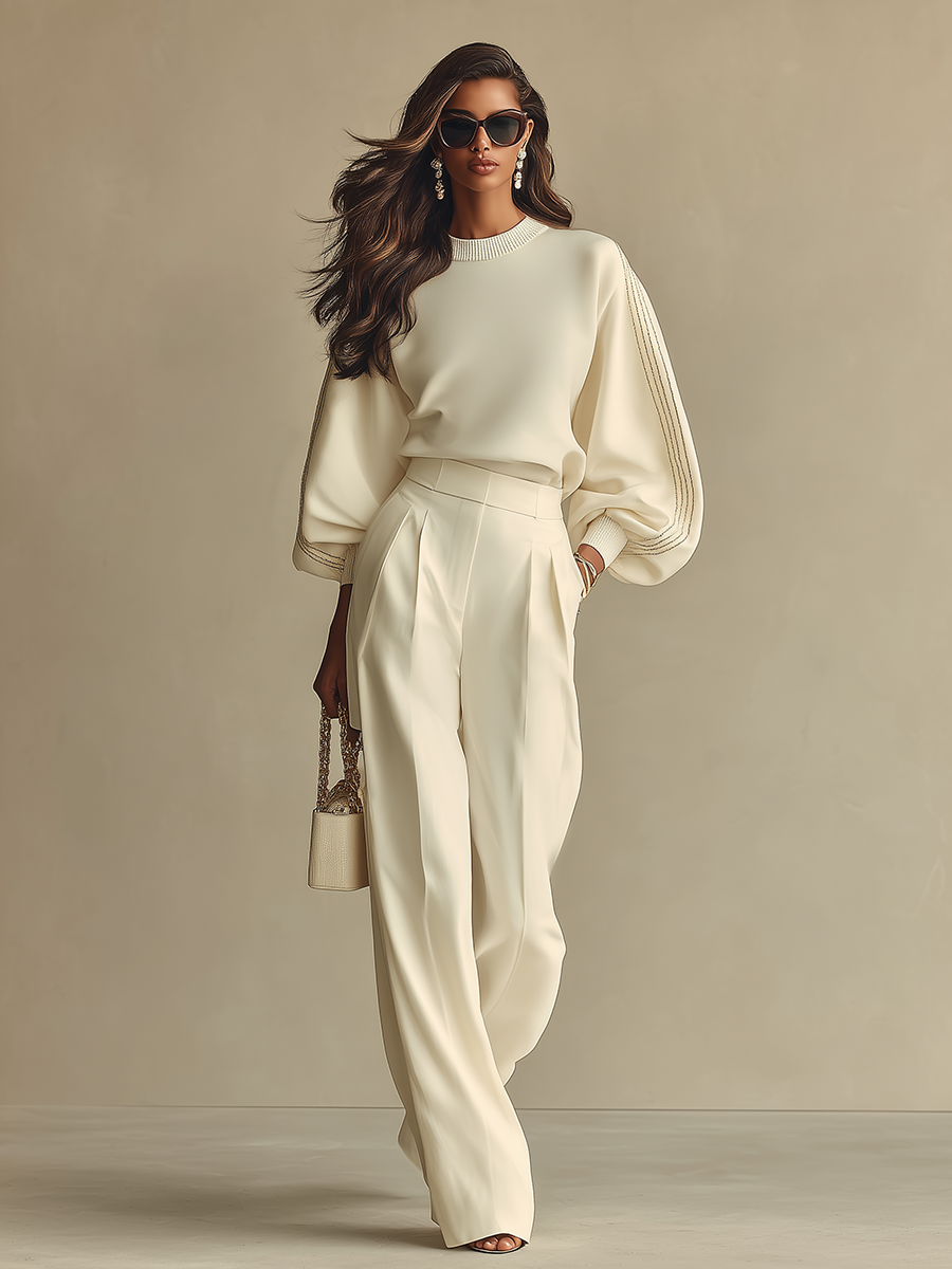 Ivory Textured Co-Ord Set for Women UK – Ribbed Crew Neck & High-Waisted Bottoms, Smart Casual Brunch Holiday Outfit