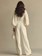 Ivory Textured Co-Ord Set for Women UK – Ribbed Crew Neck & High-Waisted Bottoms, Smart Casual Brunch Holiday Outfit