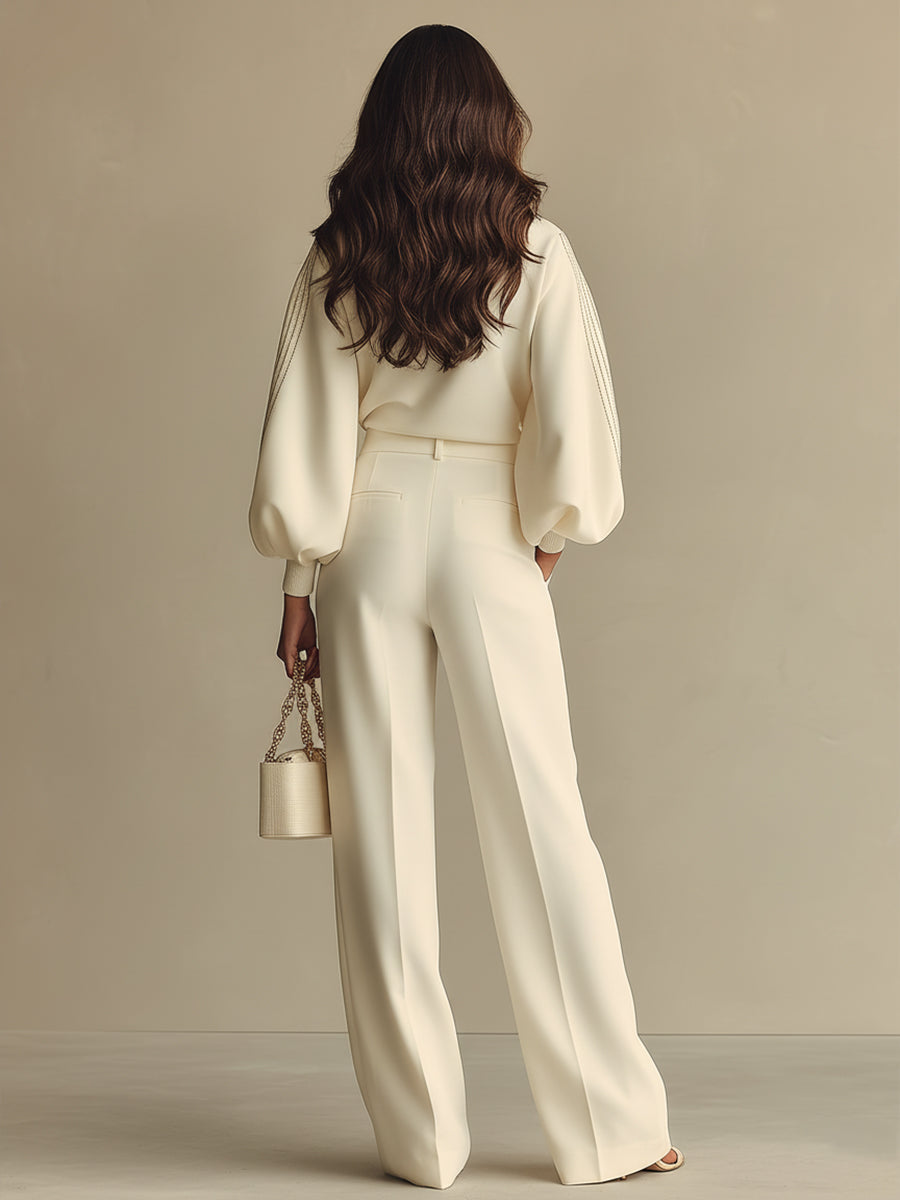 Ivory Textured Co-Ord Set for Women UK – Ribbed Crew Neck & High-Waisted Bottoms, Smart Casual Brunch Holiday Outfit