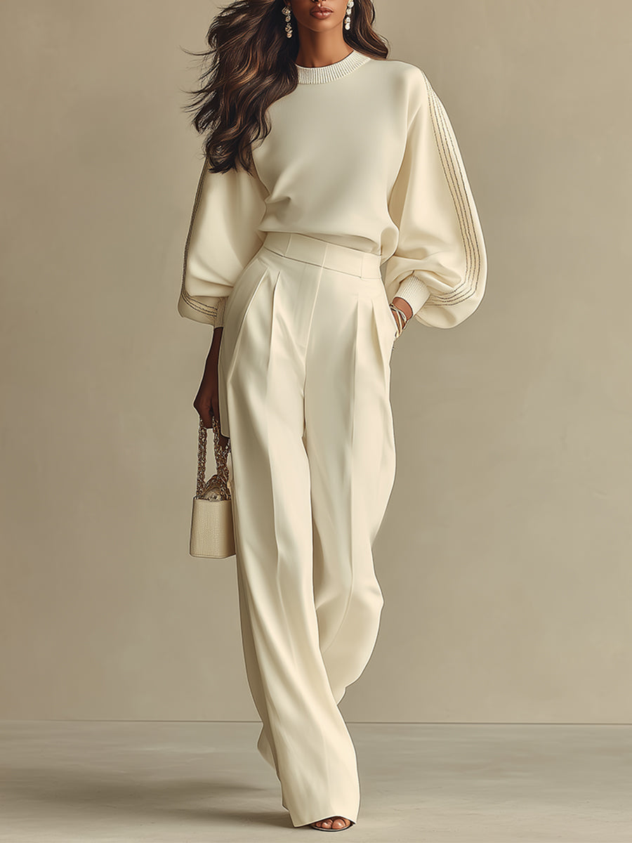 Ivory Textured Co-Ord Set for Women UK – Ribbed Crew Neck & High-Waisted Bottoms, Smart Casual Brunch Holiday Outfit