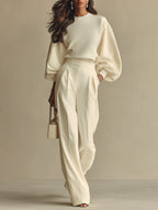 Ivory Textured Co-Ord Set for Women UK – Ribbed Crew Neck & High-Waisted Bottoms, Smart Casual Brunch Holiday Outfit