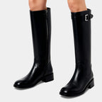 Knee High Leather Boots for Women with Buckle Detail - Block Heel Zip Design for Casual or Dressy Wear