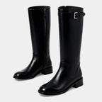 Knee High Leather Boots for Women with Buckle Detail - Block Heel Zip Design for Casual or Dressy Wear