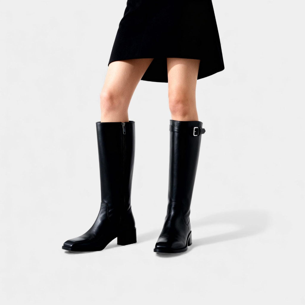Knee High Leather Boots for Women with Buckle Detail - Block Heel Zip Design for Casual or Dressy Wear
