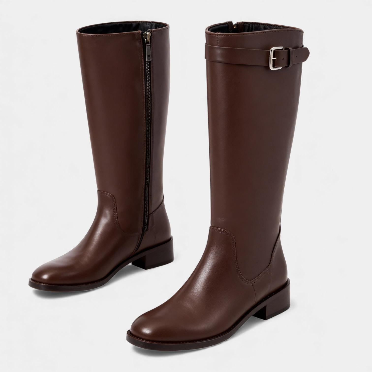 Knee High Leather Boots for Women with Buckle Detail - Block Heel Zip Design for Casual or Dressy Wear