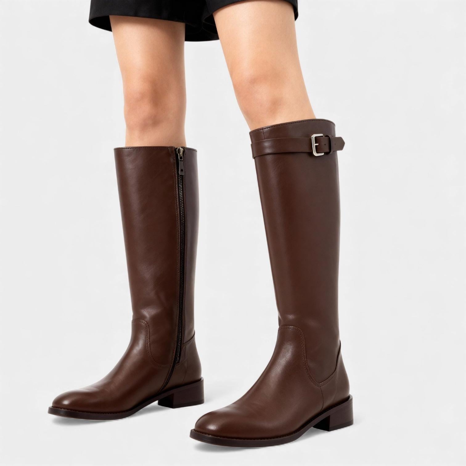 Knee High Leather Boots for Women with Buckle Detail - Block Heel Zip Design for Casual or Dressy Wear