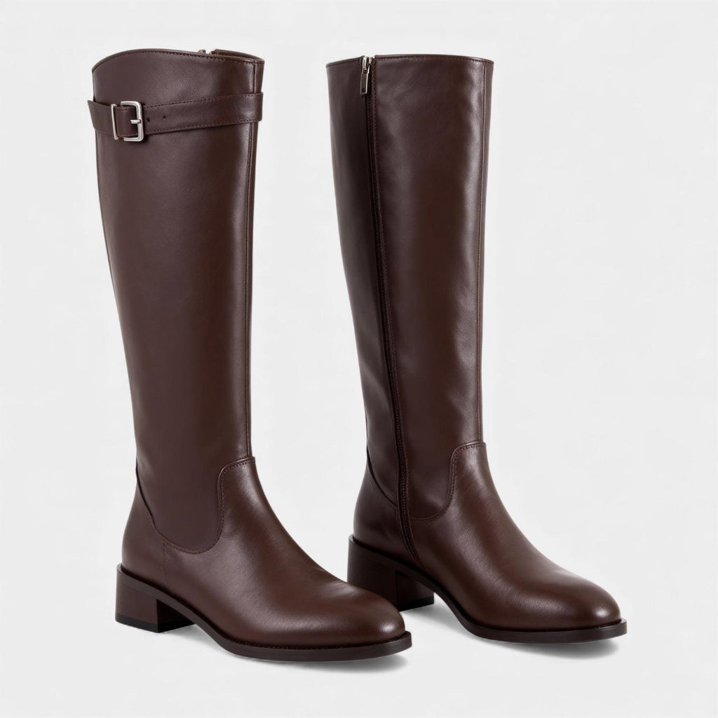 Knee High Leather Boots for Women with Buckle Detail - Block Heel Zip Design for Casual or Dressy Wear