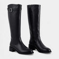 Knee High Leather Boots for Women with Buckle Detail - Block Heel Zip Design for Casual or Dressy Wear