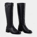Knee High Leather Boots for Women with Buckle Detail - Block Heel Zip Design for Casual or Dressy Wear