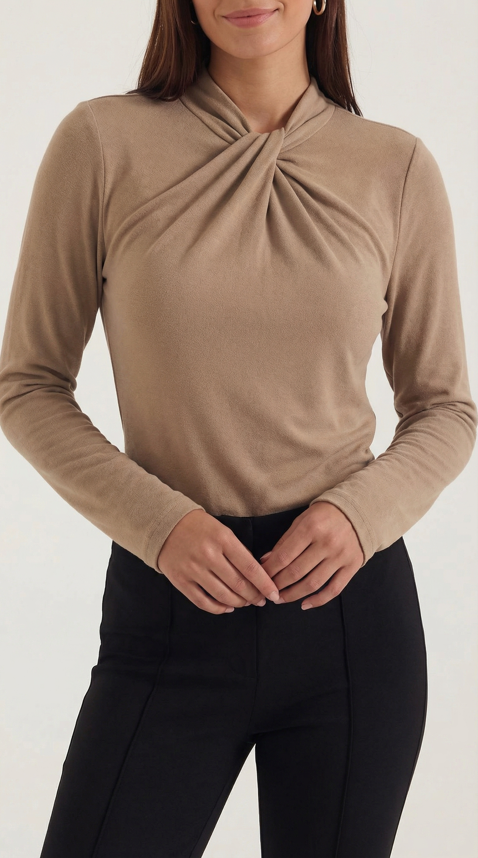 Knotted Mock Neck Blouse in Lightweight Fabric for Casual or Office Wear