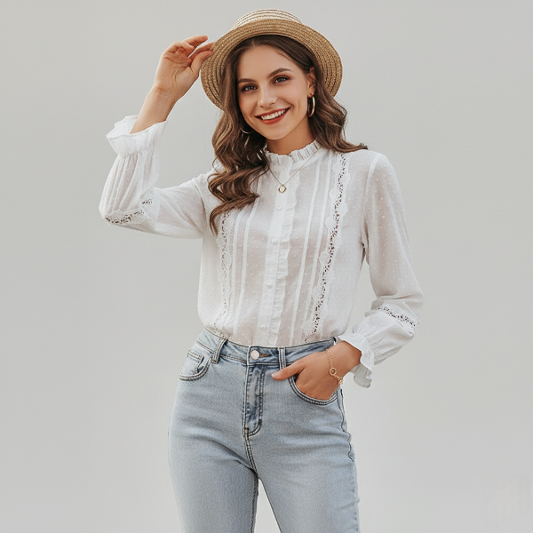 Lace Trim White Button-Down Blouse for Women - Elegant Long Sleeve Top for Casual or Formal Wear