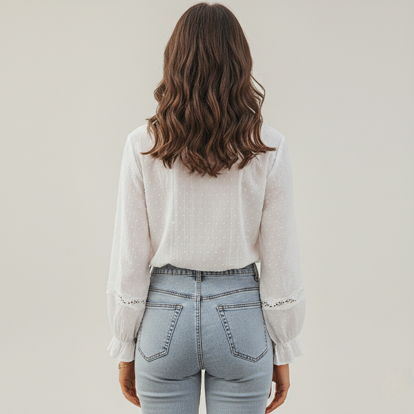 Lace Trim White Button-Down Blouse for Women - Elegant Long Sleeve Top for Casual or Formal Wear