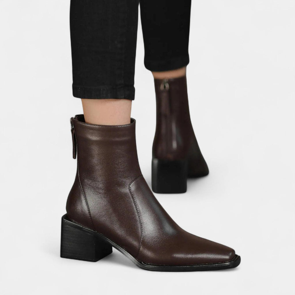 Leather Ankle Boots for Women with Squared Point and Block Heel - Stylish Footwear for Casual or Dressy Occasions