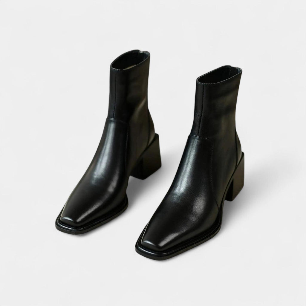 Leather Ankle Boots for Women with Squared Point and Block Heel - Stylish Footwear for Casual or Dressy Occasions