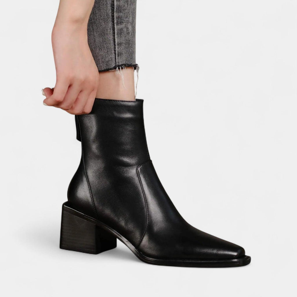 Leather Ankle Boots for Women with Squared Point and Block Heel - Stylish Footwear for Casual or Dressy Occasions