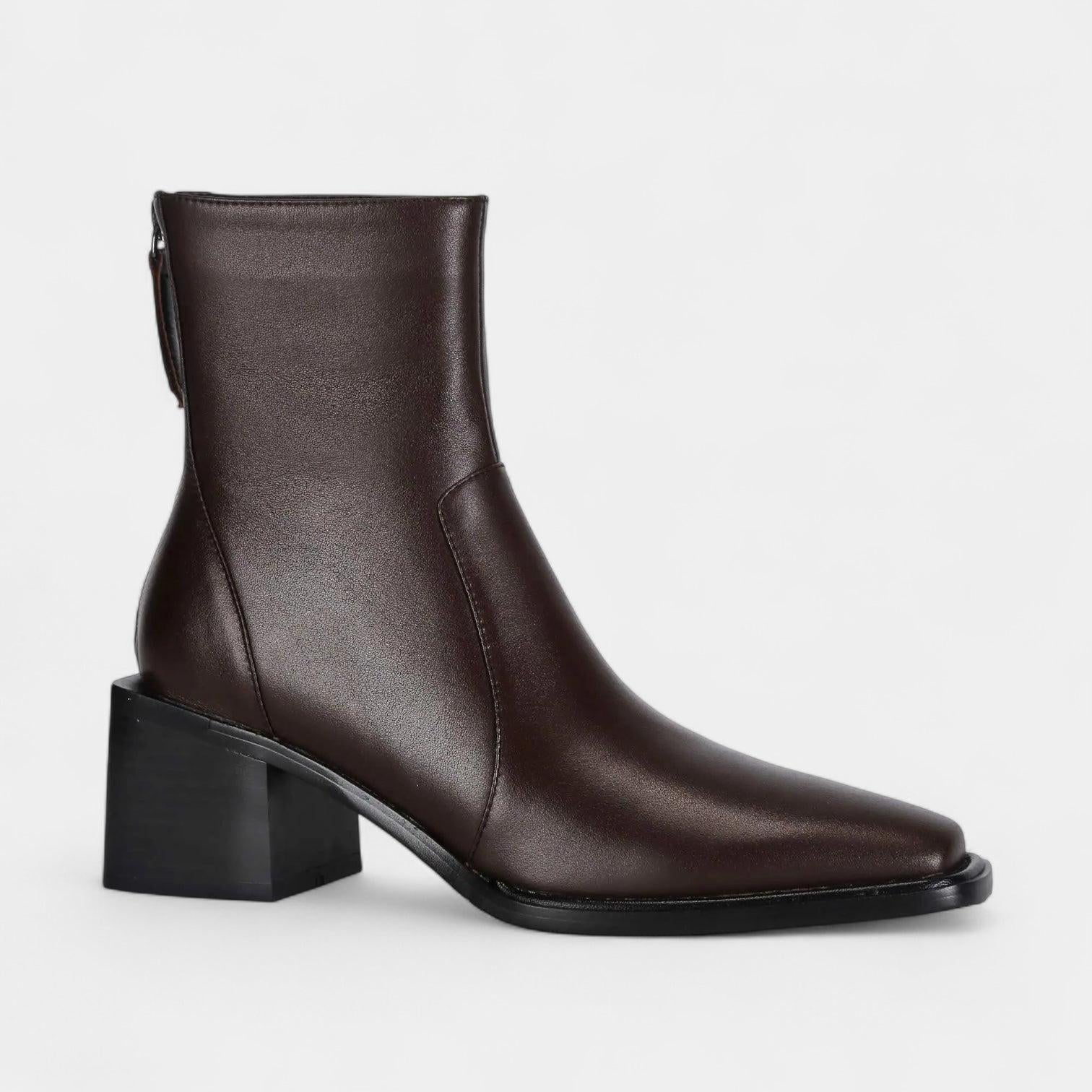 Leather Ankle Boots for Women with Squared Point and Block Heel - Stylish Footwear for Casual or Dressy Occasions