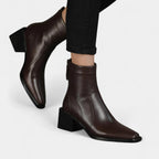 Leather Ankle Boots for Women with Squared Point and Block Heel - Stylish Footwear for Casual or Dressy Occasions