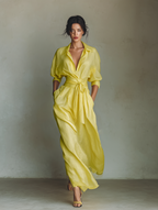 Lemon Yellow Cotton And Linen Blend Maxi Shirt Dress Women UK – Wedding Guest Garden Party Evening Gown, Resort Holiday