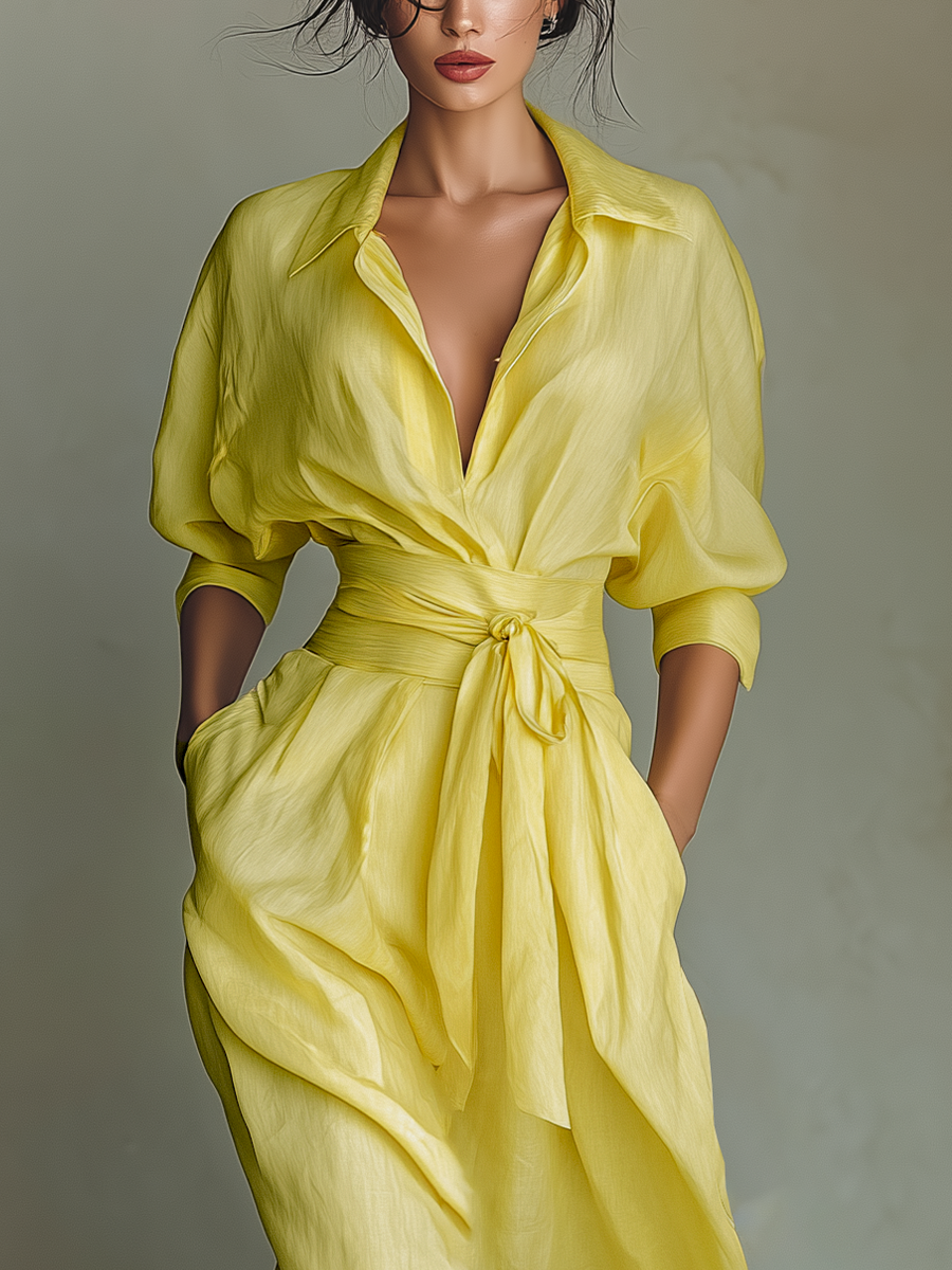 Lemon Yellow Cotton And Linen Blend Maxi Shirt Dress Women UK – Wedding Guest Garden Party Evening Gown, Resort Holiday