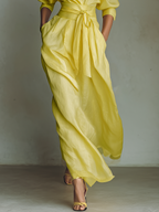 Lemon Yellow Cotton And Linen Blend Maxi Shirt Dress Women UK – Wedding Guest Garden Party Evening Gown, Resort Holiday