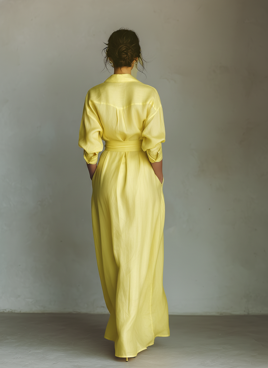 Lemon Yellow Cotton And Linen Blend Maxi Shirt Dress Women UK – Wedding Guest Garden Party Evening Gown, Resort Holiday