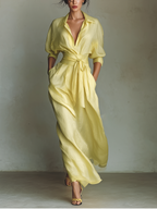 Lemon Yellow Cotton And Linen Blend Maxi Shirt Dress Women UK – Wedding Guest Garden Party Evening Gown, Resort Holiday