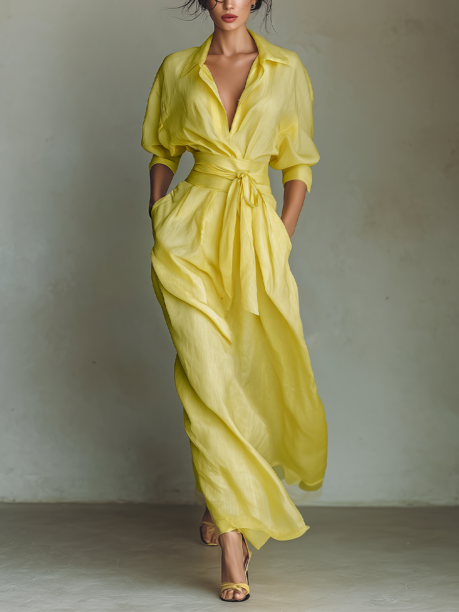 Lemon Yellow Cotton And Linen Blend Maxi Shirt Dress Women UK – Wedding Guest Garden Party Evening Gown, Resort Holiday