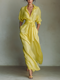 Lemon Yellow Cotton And Linen Blend Maxi Shirt Dress Women UK – Wedding Guest Garden Party Evening Gown, Resort Holiday