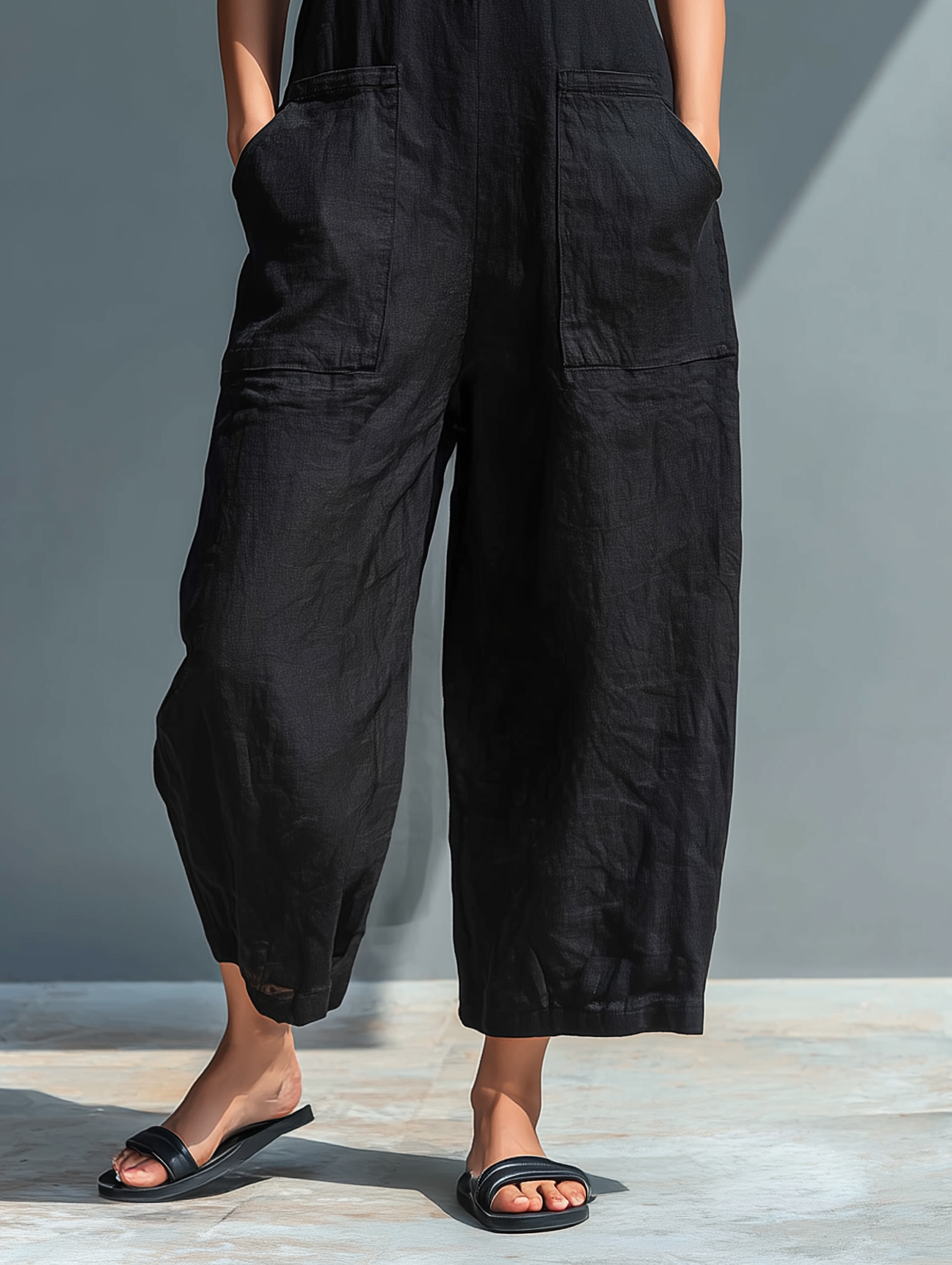 Linen Blend Button-up Stand-collar Sleeveless Jumpsuit Women UK – Smart Casual Holiday Wear, Resort Wear