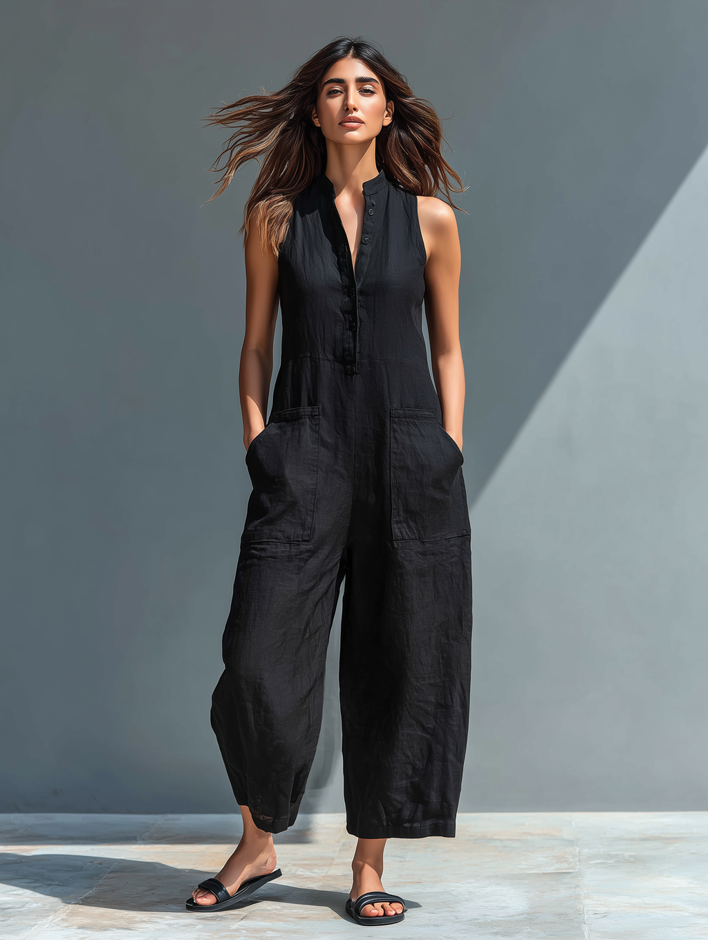 Linen Blend Button-up Stand-collar Sleeveless Jumpsuit Women UK – Smart Casual Holiday Wear, Resort Wear