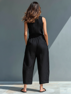 Linen Blend Button-up Stand-collar Sleeveless Jumpsuit Women UK – Smart Casual Holiday Wear, Resort Wear
