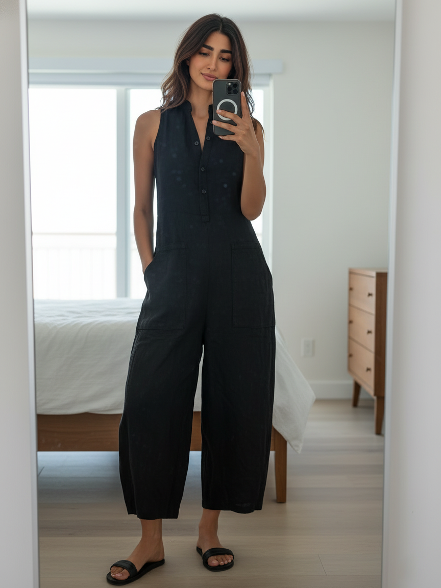 Linen Blend Button-up Stand-collar Sleeveless Jumpsuit Women UK – Smart Casual Holiday Wear, Resort Wear