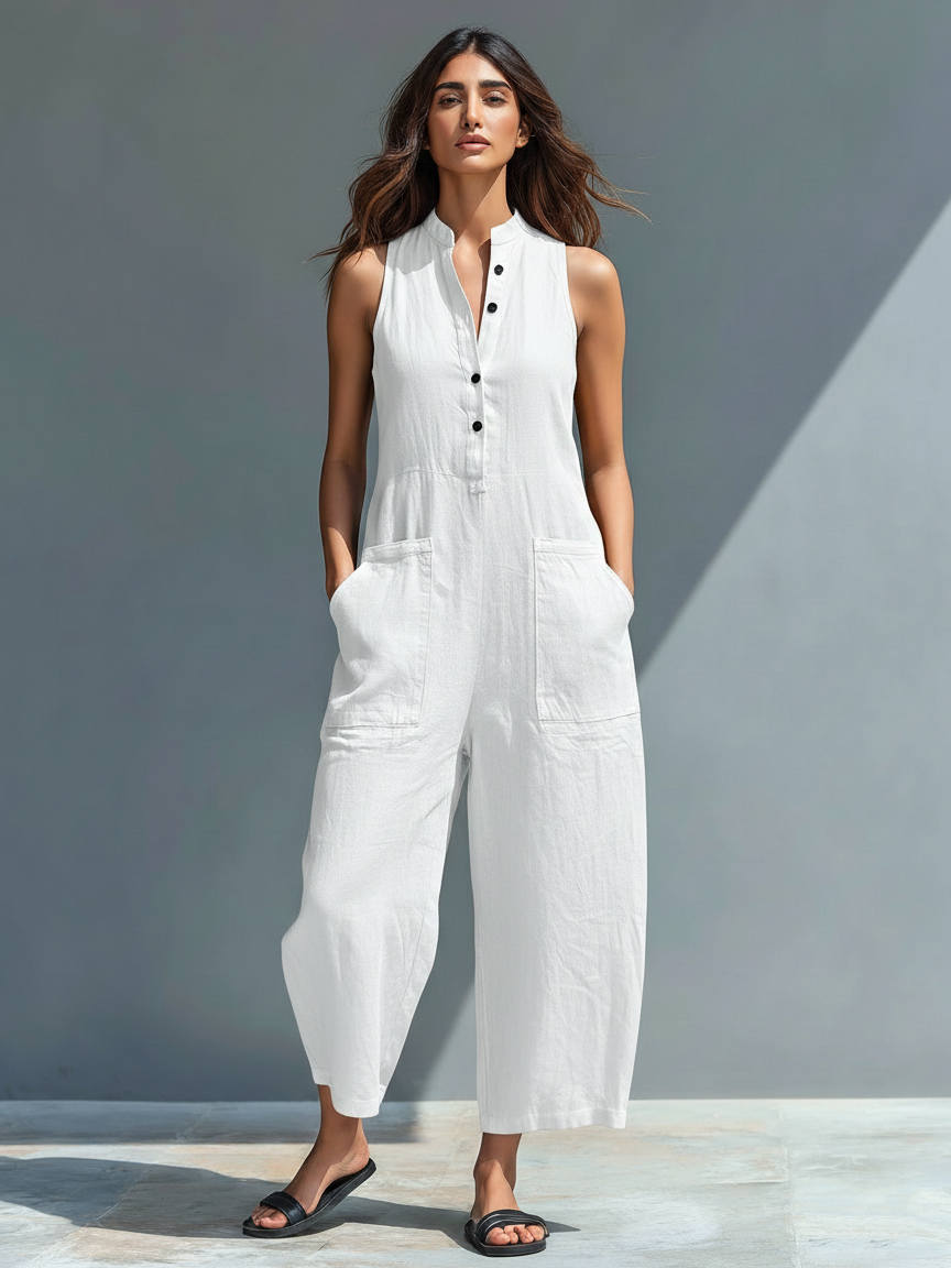 Linen Blend Button-up Stand-collar Sleeveless Jumpsuit Women UK – Smart Casual Holiday Wear, Resort Wear