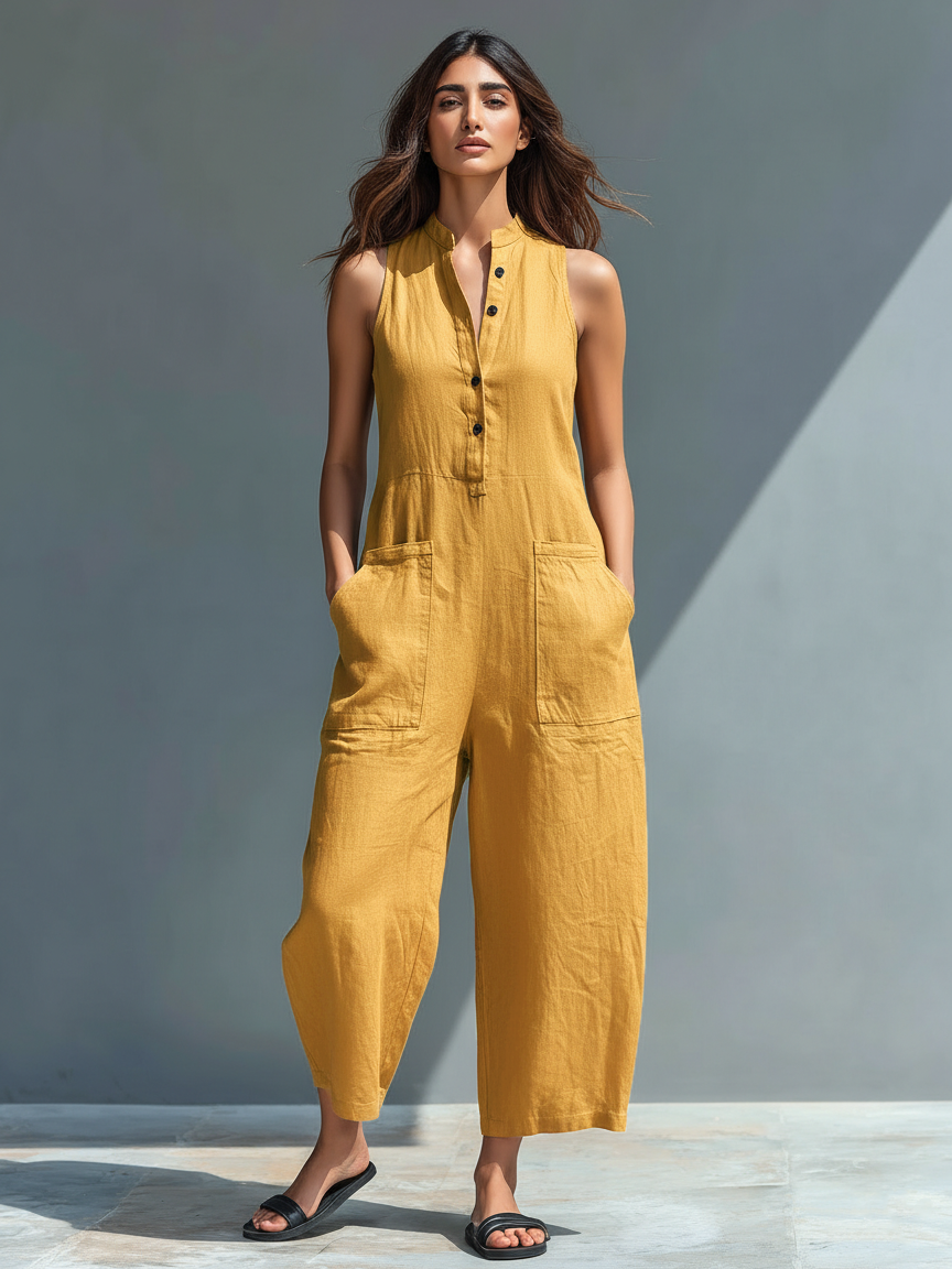 Linen Blend Button-up Stand-collar Sleeveless Jumpsuit Women UK – Smart Casual Holiday Wear, Resort Wear