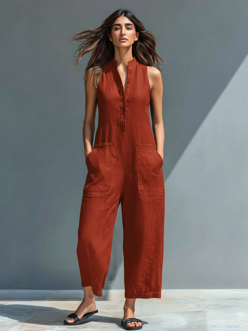 Linen Blend Button-up Stand-collar Sleeveless Jumpsuit Women UK – Smart Casual Holiday Wear, Resort Wear
