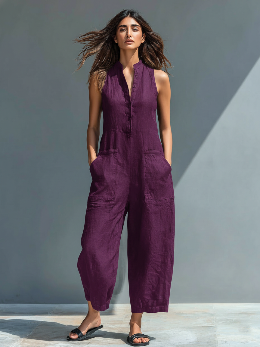 Linen Blend Button-up Stand-collar Sleeveless Jumpsuit Women UK – Smart Casual Holiday Wear, Resort Wear