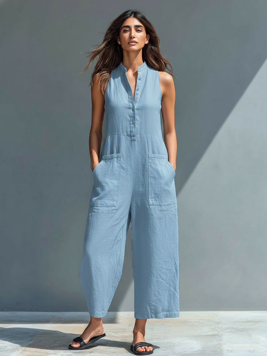 Linen Blend Button-up Stand-collar Sleeveless Jumpsuit Women UK – Smart Casual Holiday Wear, Resort Wear