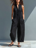 Linen Blend Button-up Stand-collar Sleeveless Jumpsuit Women UK – Smart Casual Holiday Wear, Resort Wear