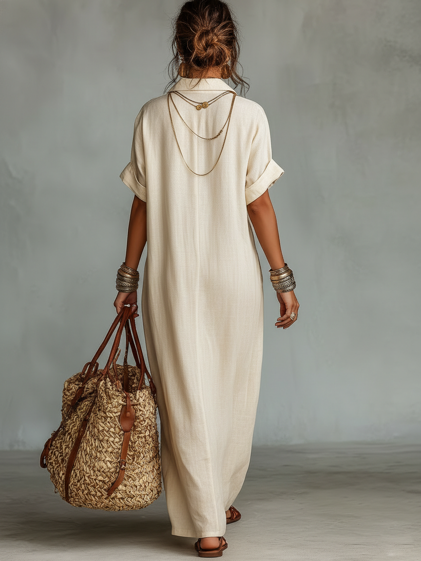 Linen Blend Embroidered Maxi Dress Women UK – Short-sleeved Shirt Dress, Wedding Guest & Garden Party